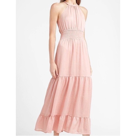 Express Pink Smocked Halter Dress Small Tiered Ruffle Fairycore Boho Cottagecore - Picture 2 of 11